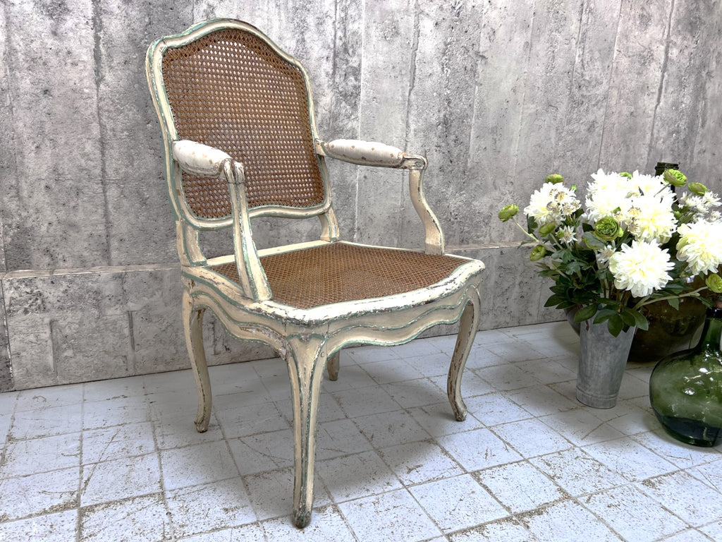 Shabby Chic Chippy Paint Louis XV Style Cane and Upholstered Armchair
