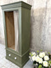 Green Painted Pine Armoire Cupboard Wardrobe with Olive Coloured Ticking Door
