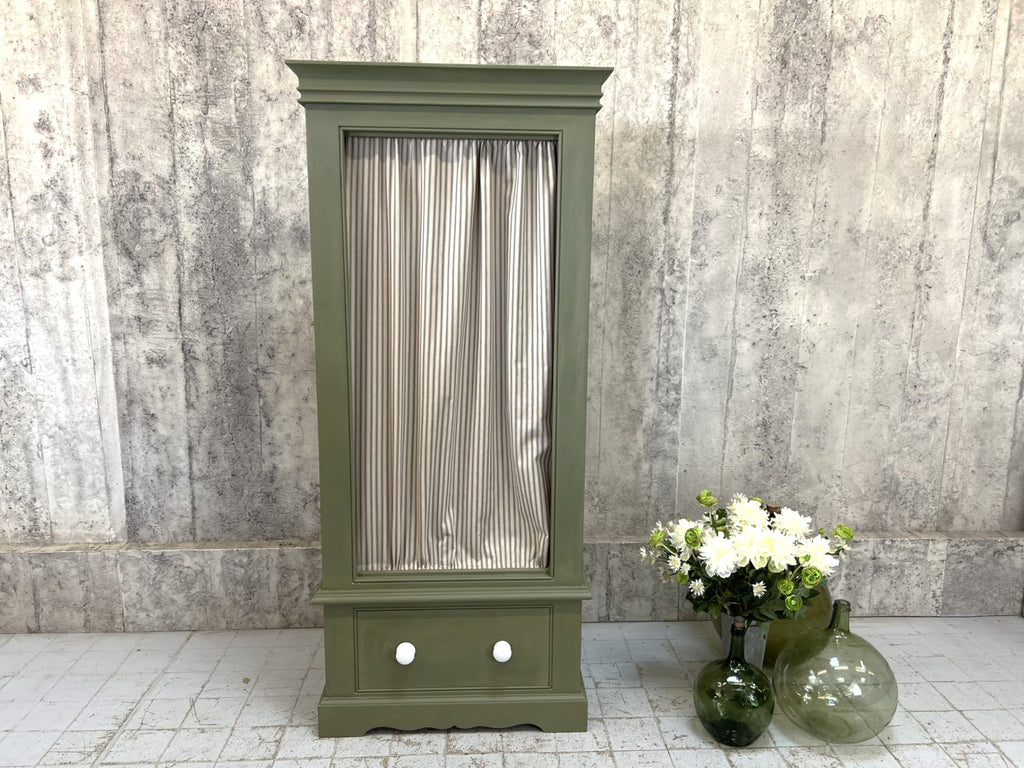 Green Painted Pine Armoire Cupboard Wardrobe with Olive Coloured Ticking Door