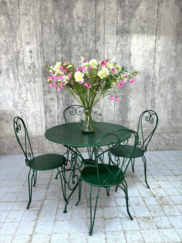Set of Forest Green Painted Metal Garden Table and Four Metal Chairs
