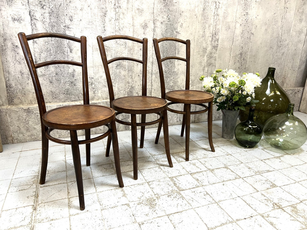Set of Three Bentwood French Bistro Chairs Leaf Embossed Motif