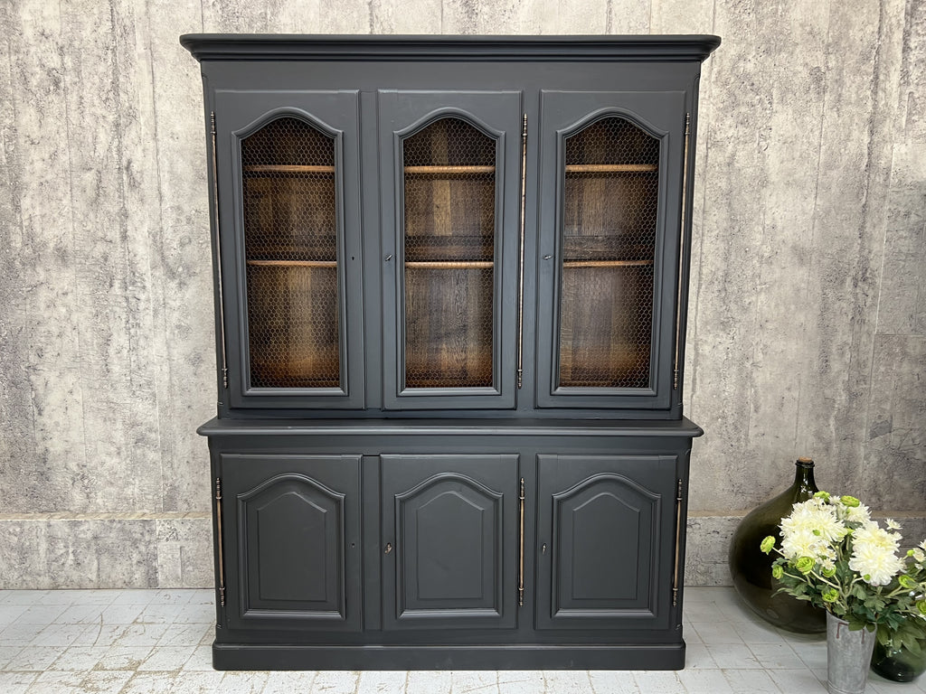 Solid Pine Black Two Piece Dresser with Wire Front Cabinets and Cupboard Storage