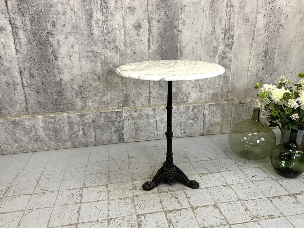Circular White and Grey Veined Marble Top and Cast Iron Pedestal Bistro Table