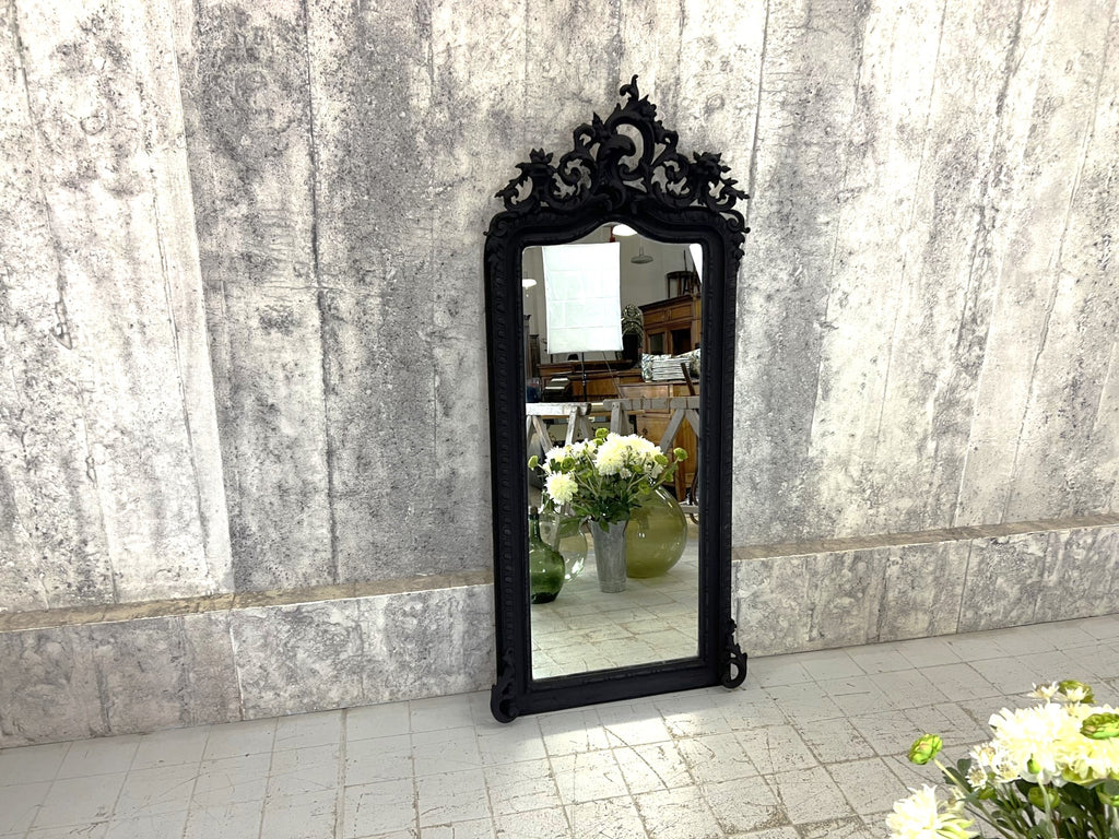 French Crested Black Decorative Over Mantel Mirror