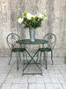 Forest Green Painted Metal Garden Table and Two Metal Chairs