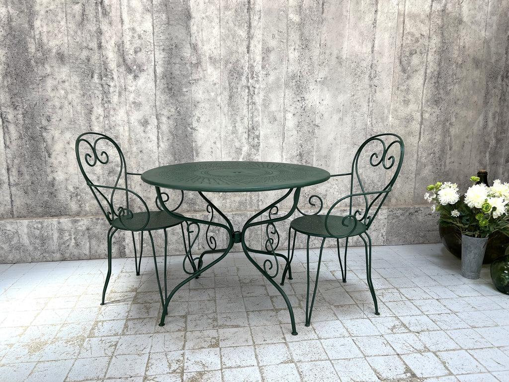 Forest Green Painted Metal Garden Table and Two Carver Chairs