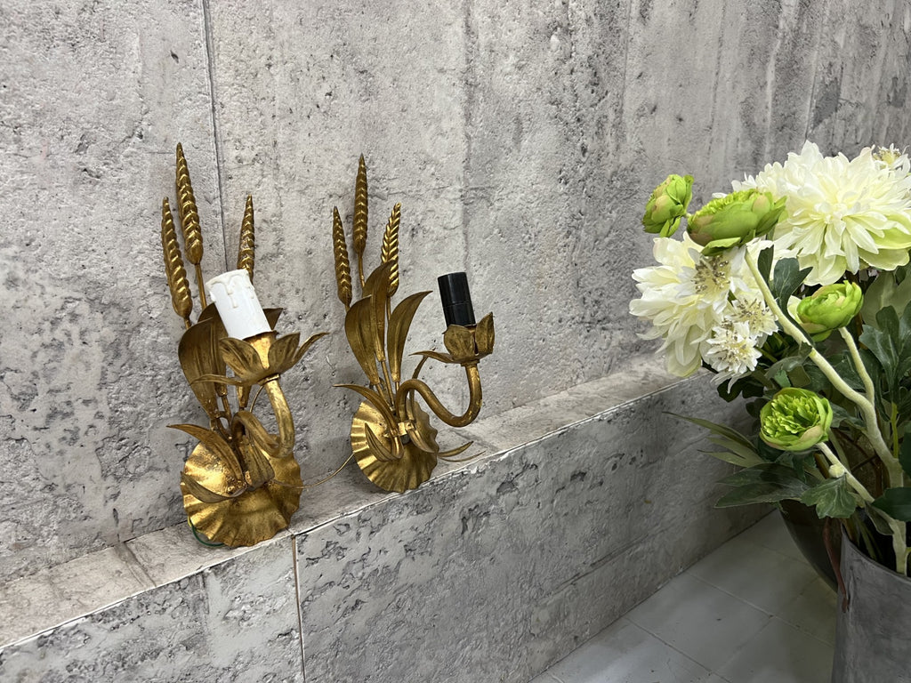 Pair Mid Century Italian Gold Metal Wheat Light Sconces