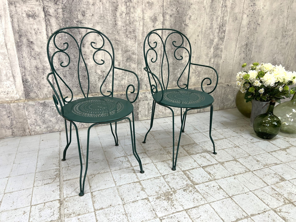 Pair of Green French Decorative Metal Garden Chairs