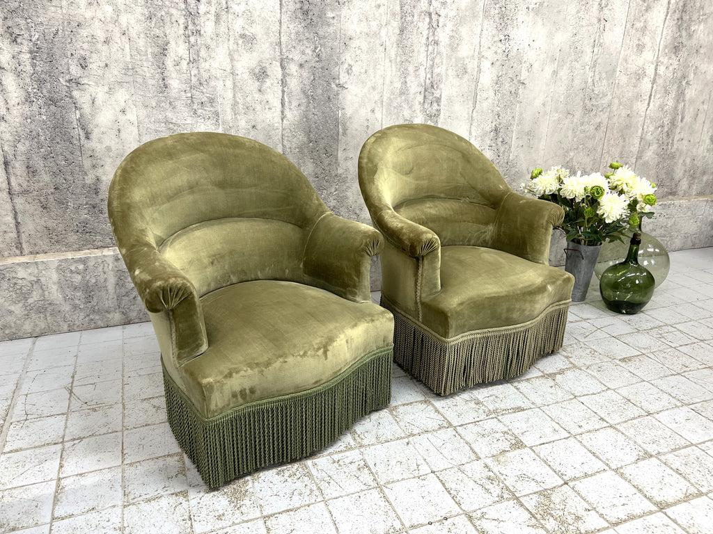 Pair of Mid Century Sage Green Velvet Crapaud Tub Armchairs To Reupholster