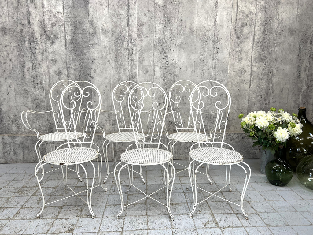 Set of Six White French Decorative Metal Garden Carver (3) and Chairs (3)