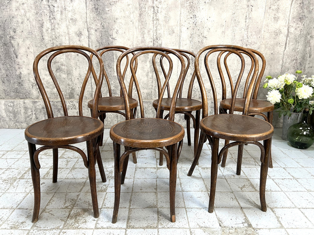 Set of 6 Bentwood Round Back Bistro Chairs with Embossed Seat Pad