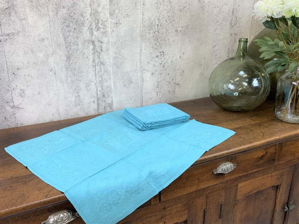 Set of 8 French Monogrammed 'EV' Turquoise Blue Vintage Serviettes Napkins