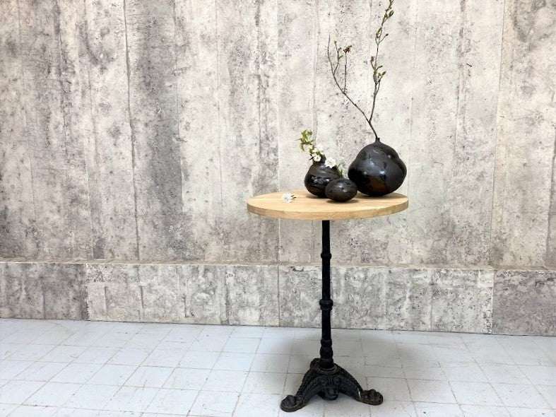 Circular Solid Oak and Antique Cast Iron Pedestal Bistro Table