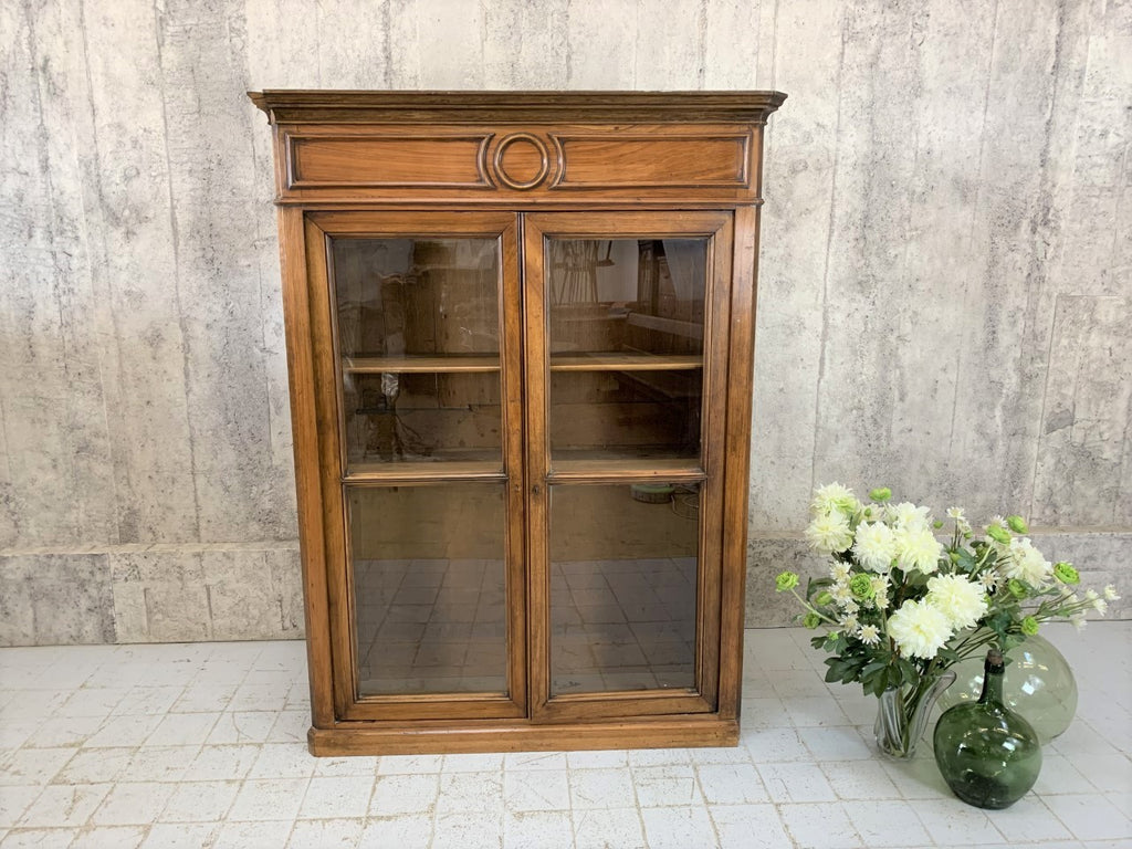 French Walnut Wood Glass Front Bookcase Display Cabinet Dresser Top