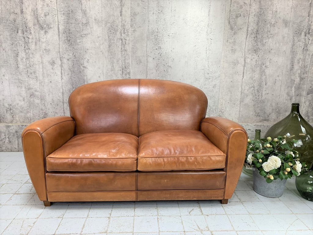 Mid Century French Leather Club Two Seat Sofa