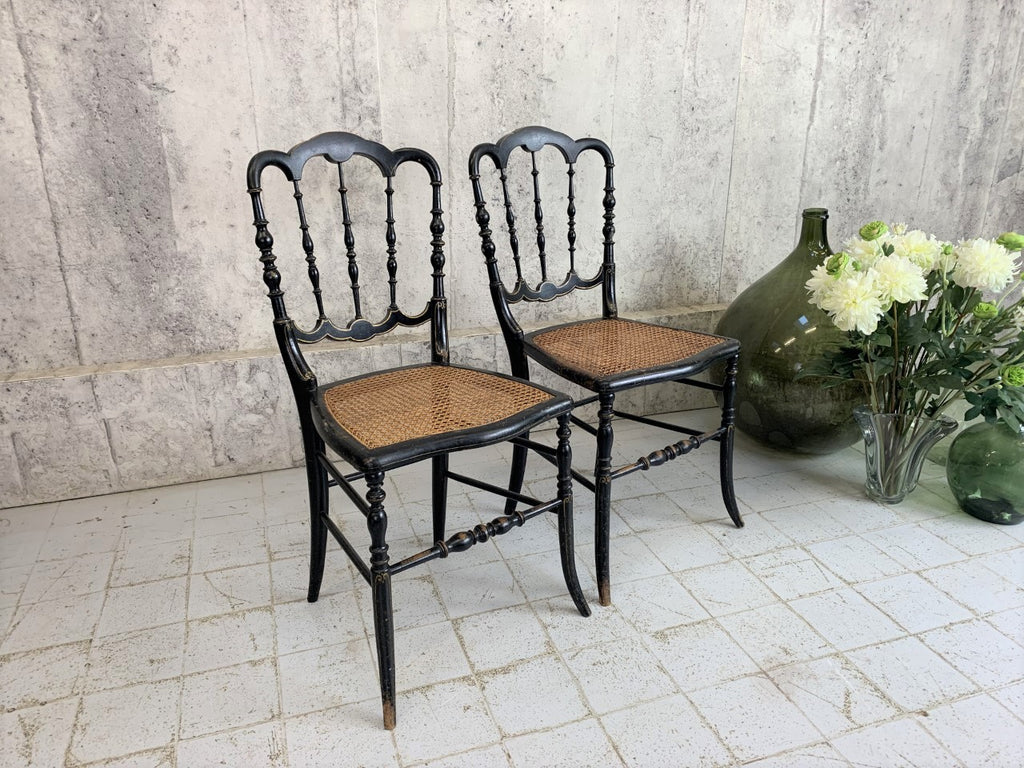 Pair of Cane Seat Decorative Ebonised Napoleon III Hand Painted Bedroom Chairs