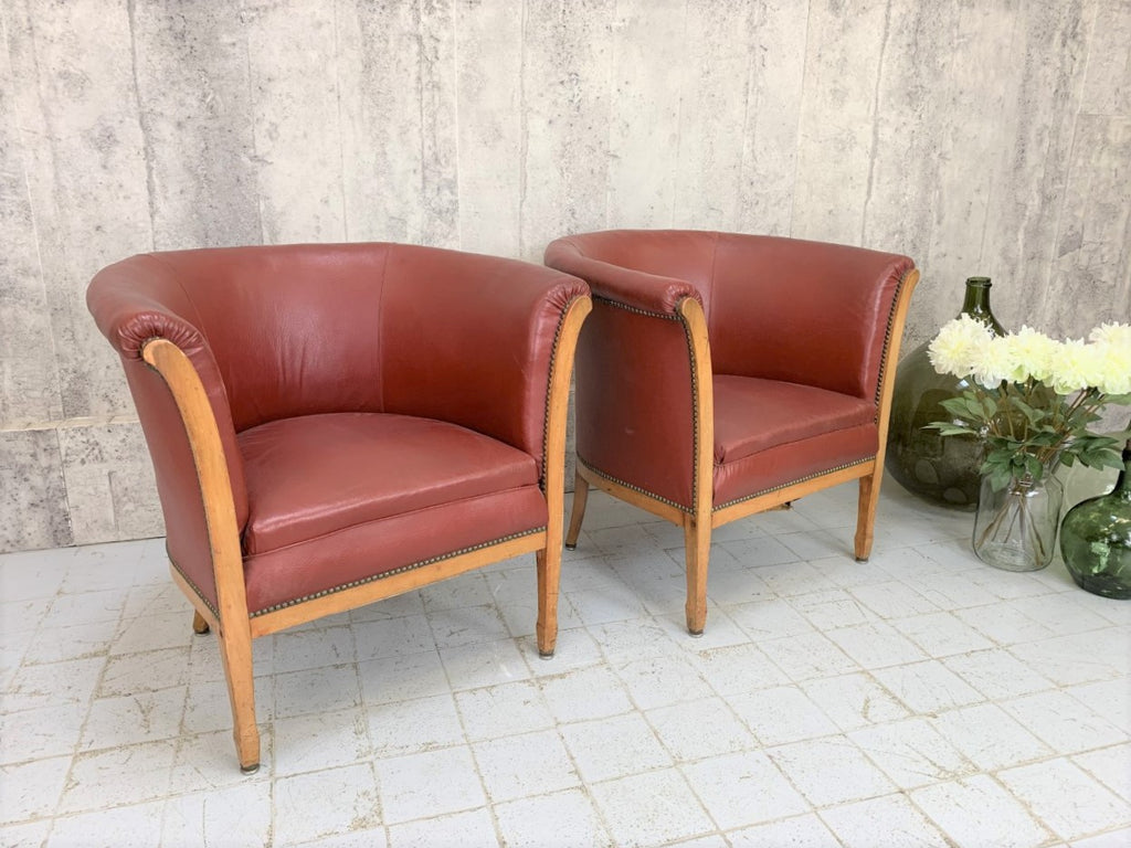 Pair of Art Deco 1930's Wooden Framed Red Leatherette Armchairs to reupholster