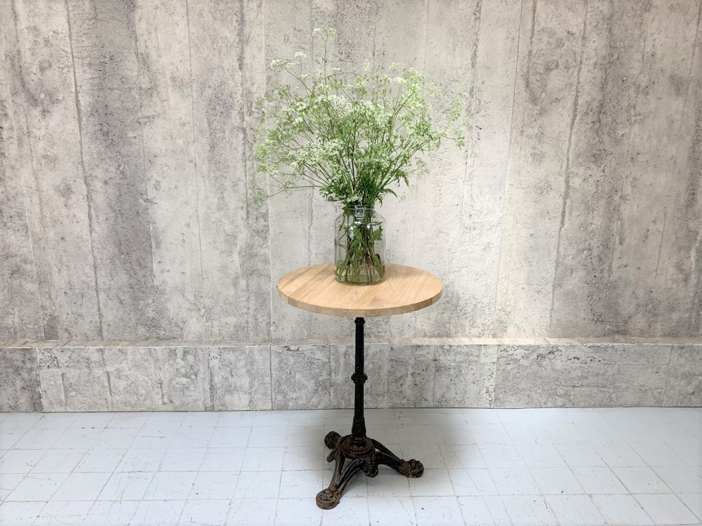 Circular Solid Oak and Black Antique Cast Iron Pedestal Bistro Table