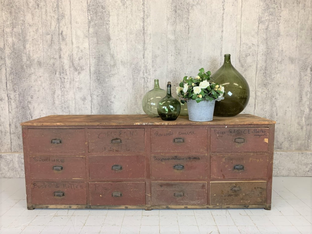 Burgundy Coloured Mechanic's Reclaimed Sideboard 12 Drawers