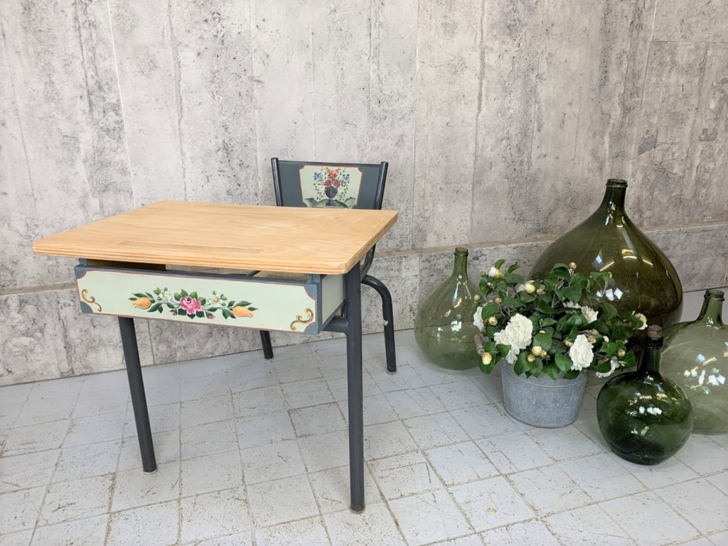 Hand Painted Child's Single Metal and Wood School Desk