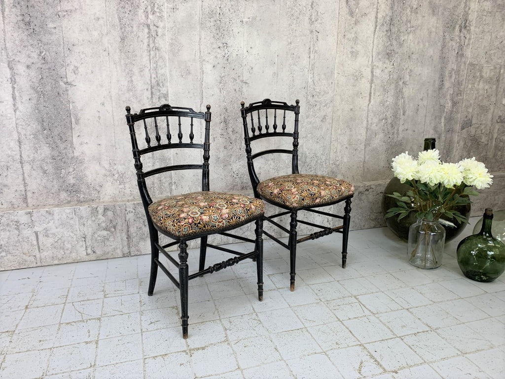 Pair of Decorative Ebonised Napoleon III Hand Painted Bedroom Chairs