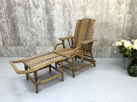 Reclining Bamboo and Wicker Lounger with Separate Ottoman