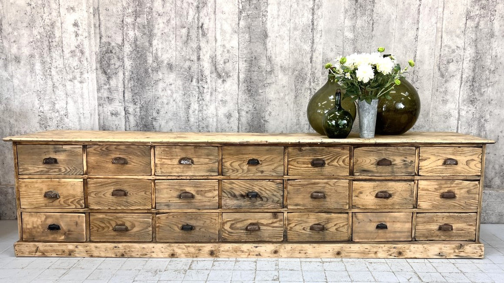 339.5cm Rustic French Hardware Store Sideboard 21 Drawers