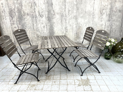 Folding Metal and Silvered Wood Garden Table and Set of 4 Folding Chairs