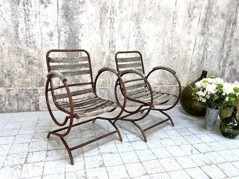 Pair of Unique 1970's Metal and Wood Garden Chairs with Circular Arms