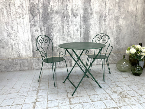 Forest Green Painted Metal Garden Table and Two Carver Chairs