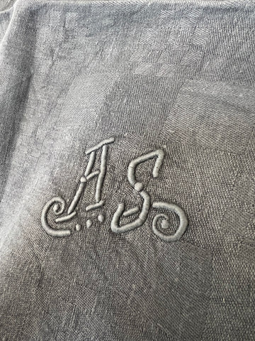 Set of 4 French Monogrammed 'AS' Anthracite Grey Linen Vintage Serviettes Napkins