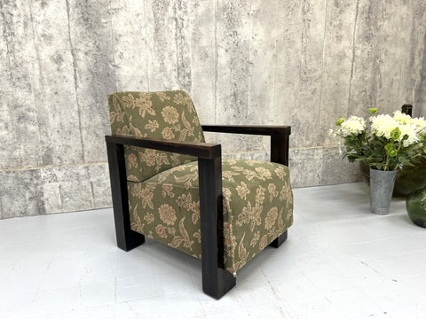 Green and Pink Jacquard Upholstered Art Deco Lounge Chair