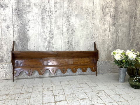 Carved Wooden Coat Rack 8 Brass Hooks and Shelf