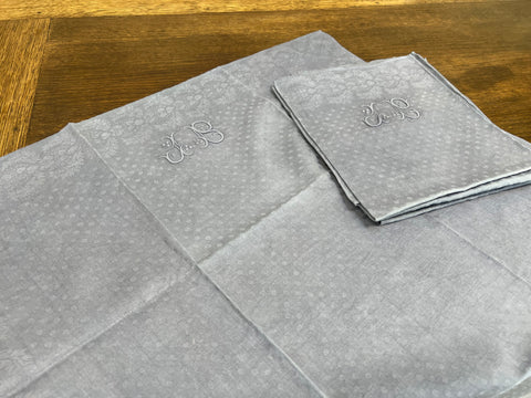 Set of 5 French Monogrammed 'JB', 'JS' 'SR' Blue/Grey Linen Vintage Serviettes Napkins