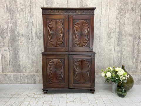 Two Piece Carved Asian Linen Press Style Two Part Dresser Cupboard