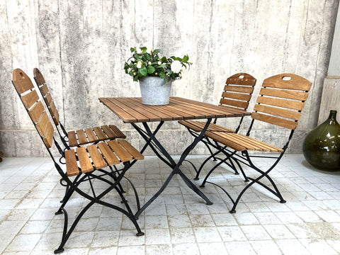 Folding Metal and Wood Garden Table and Set of 4 Folding Chairs