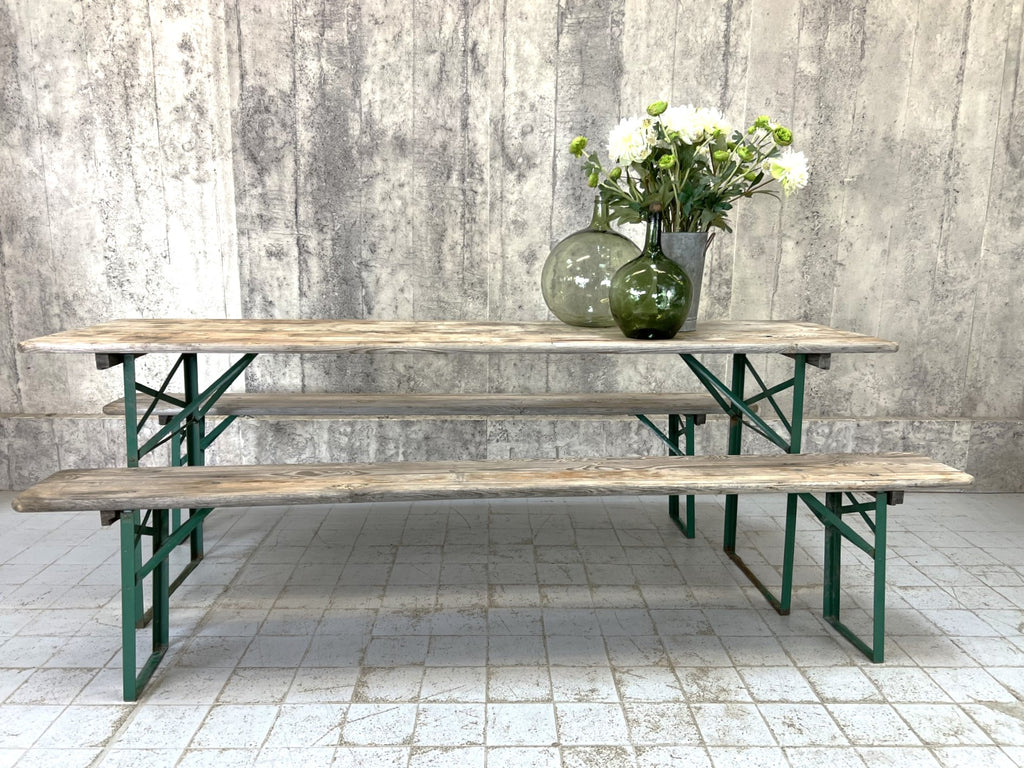 Beer Garden Wood and Metal Folding Garden Table and 2 Benches Vintage