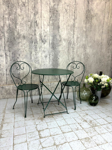 Forest Green Painted Metal Garden Table and Two Metal Chairs