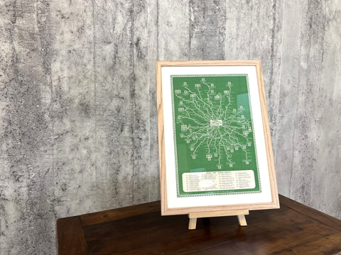 1950's Framed Green Bus Map of London and Surrounding Areas