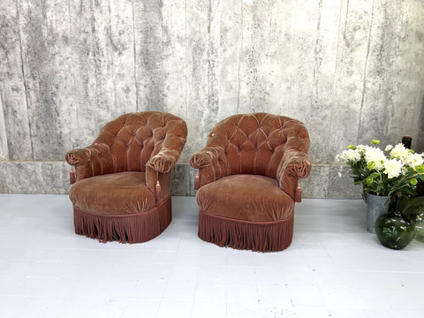 Pair of Mid Century Pink Velvet Button Armchairs to Reupholster