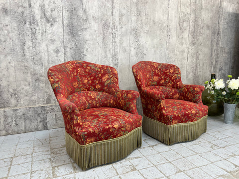 Pair of Red Jaquard Napoleon III Turned Leg Armchairs