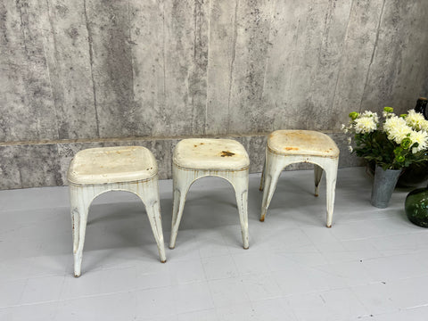 Set of Three Stacking 1930's Style Tolix Cream Coloured Metal Stools