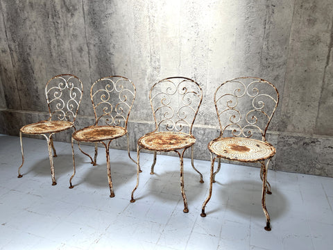 Set of Four Antique Chippy Paint and Rusty Metal Garden Chairs