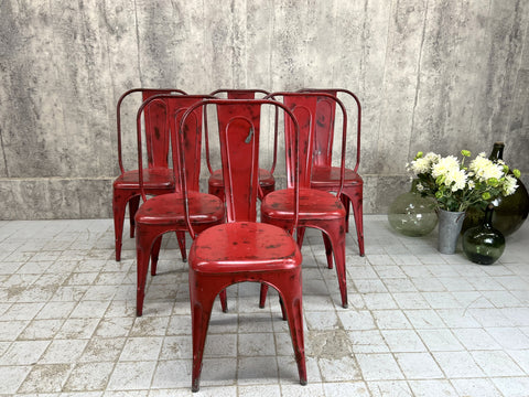 Set of 6 Red 1930's Style Tolix Metal Chairs