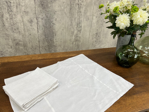 Set of 10 French Monogrammed 'NM', 'WN' White Linen Vintage Serviettes Napkins