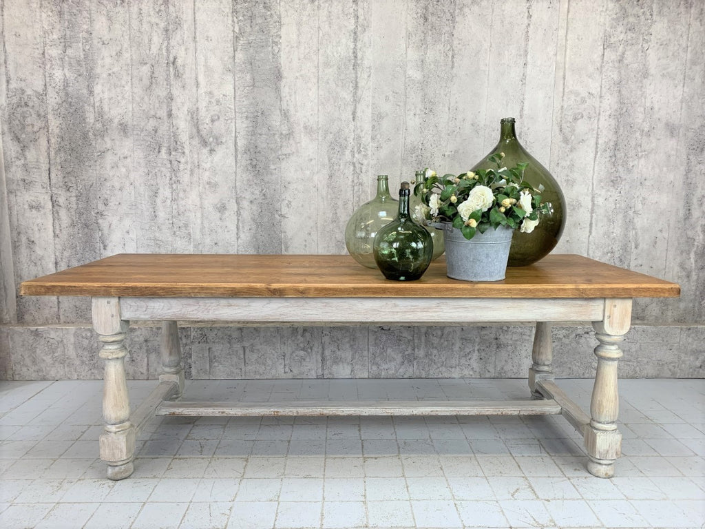 230cm French Oak Dining Refectory Table With Turned White Legs