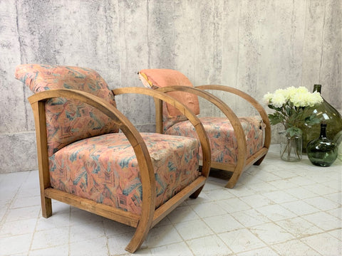 Pair of 1920's Wooden Circular Armed Lounge Armchairs to reupholster
