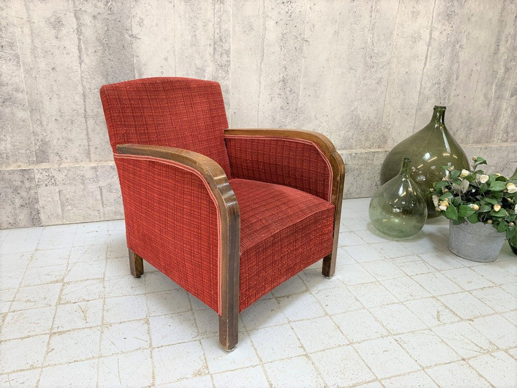 Individual Red French Armchair with Wooden Arms
