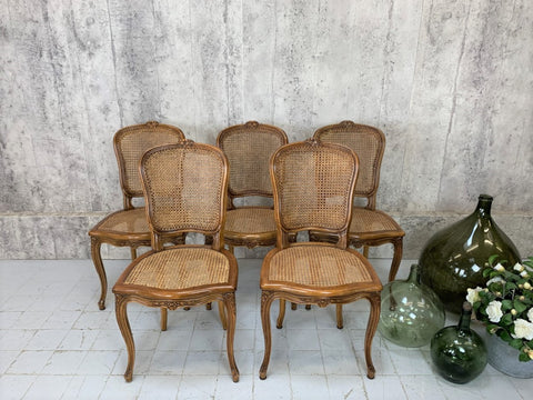 Set of 5 French Cane Dining Chairs (with a 6th that requires seat base being fixed)