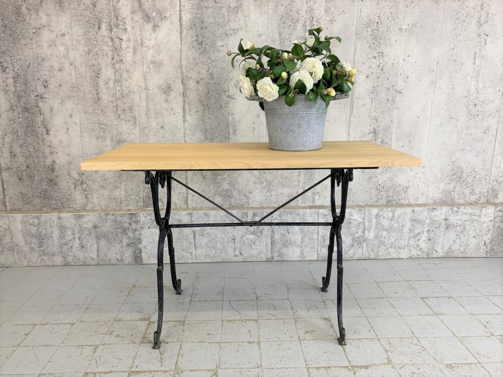 110cm wide Traditional French Bistro Table with New Solid Oak Top and Black Metal Legs